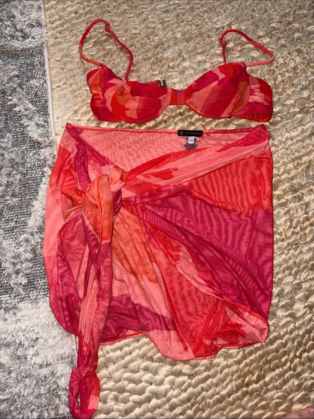 Vix Red-Pink Sheer top and Tie-Waist Beach Skirt